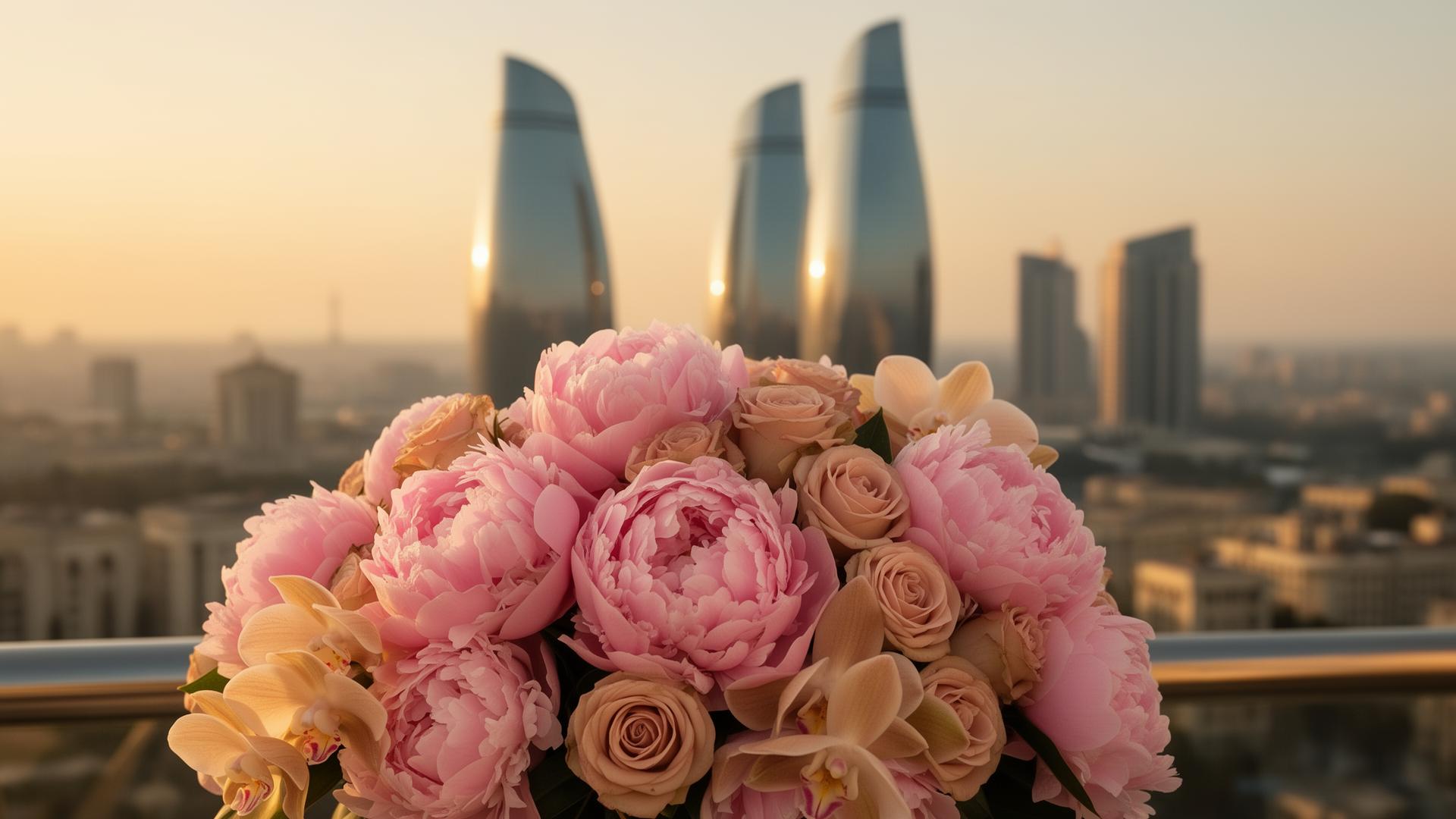 Luxurious bouquet with Baku Flame Towers at golden hour